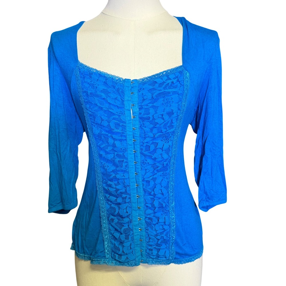Rio Sud Y2K Blue Lace Front Hook and Eye Corset Style 3/4 Sleeve Top Size Mβ